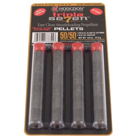These Triple Seven™ premeasured, compressed pellets are designed for use in .50 Caliber Inline Rifles with 209 shotshell primers only. A single pellet can be used for target or small game, and three .50/30-grain pellets can be used to create the 90-grain equivalent for big game. Pellets come packed 100 in each box.